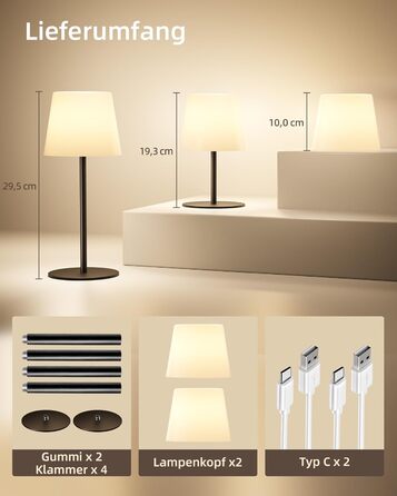 Світлодіодні настільні лампи EZVALO бездротові, 2 шт., IP65, USB-C, диммер сенсорний, 3 режими світла, для дому та кемпінгу (Чорні)