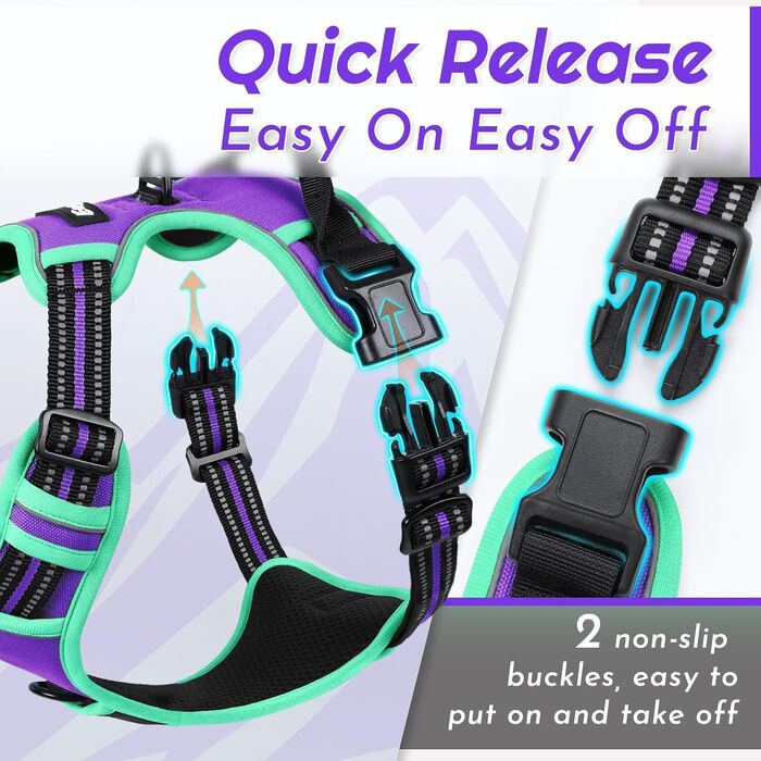 Шлейка для собак великих порід Eagloo, анти-тяга, з відбиваючими смугами, регульована, для Лабрадора, L (1 шт, м'ятно-зелений & фіолетовий)