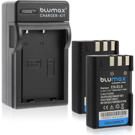Акумулятор Blumax 2x 1000mAh для Nikon EN-EL9 / EN-EL9e / EN-EL9a з зарядним пристроєм | сумісний з Nikon D40, D40X, D60, D3000, D5000