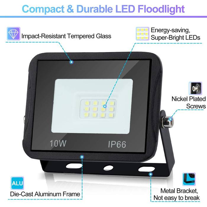 LED Floodlights Outdoor, Pack of 5, IP66 Waterproof Floodlights for Indoor and Outdoor Use, 8500LM Super Bright Outdoor Spotlights, 120 Degree Outdoor Lighting 6000K Cool White Floodlights (10 Pack, 10W)