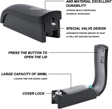 Дозатор мила настінний без свердління, 300 мл, ручний, для душу/шампуню/дезінфікуючого засобу, чорний/білий/золотий, опція сіро-чорний