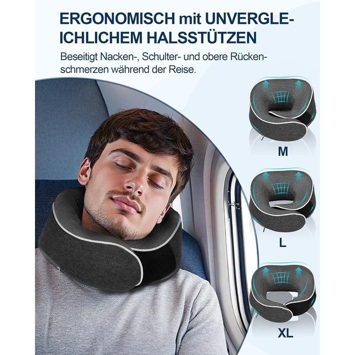 Подушка для шиї в літак, доросла, з піною з пам'яті, регульована та компактна, для автомобіля з навушниками, маскою для сну, чохлом