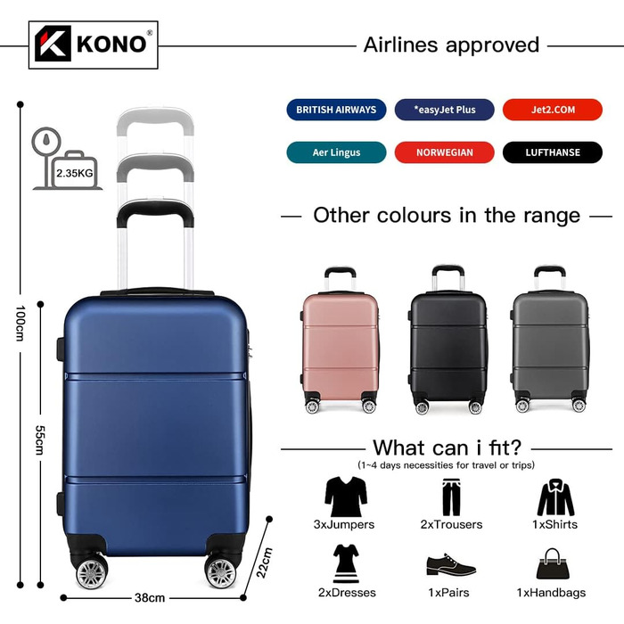 Валіза ручної поклажі KONO з роликами, жорсткий корпус, Trolley 55x38x22 см, 33 літри, легкий, ABS (Морська блакить)