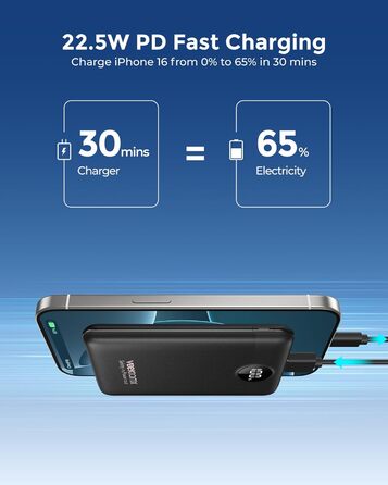 Power Bank VEEKTOMX 10000mAh: Компактний повербанк 22,5W з PD 3.0 та QC 3.0, USB-C, для iPhone/Samsung/Huawei/Xiaomi/AirPods/iPad, чорний