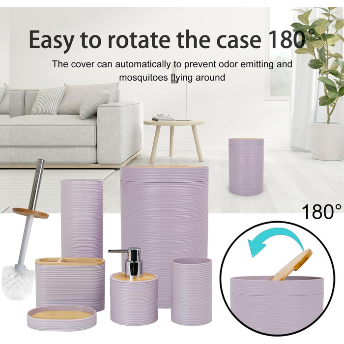 Набір аксесуарів для ванної кімнати CERBIOR: 6 предметів з бамбука (набір для ванної, себорегулятор, тримач для зубних щіток, стаканчик для щіток, мильниця, подарунок для дому, фіолетовий)