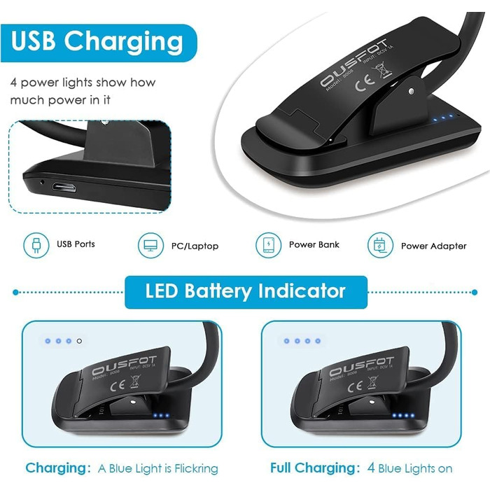 LED кріпильна лампа OUSFOT для читання з 3 рівнями яскравості, USB, 9 LED, гнучка на 360°, для книги, офісу, ліжка, нотного ставу, 3 колірні температури