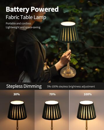 LED Настільна лампа бездротова, димована вінтажна приліжкова лампа, ретро акумуляторна настільна лампа 4000mAh, для дому, бару, вітальні (Золото + Зелений абажур, 2 шт)