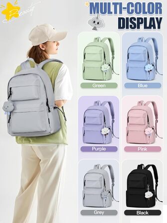 Жіночий рюкзак FIORETTO для дівчаток та хлопчиків, підходить для ноутбука 15.6 дюймів, з антикрадійним кишеням, ідеальний для школи, коледжу, подорожей, зелений (світло-сірий)