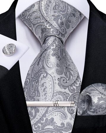 Набір краваток DiBanGu чоловічий: шовковий, з Paisley візерунком, краватка-метелик, затискач для краватки, запонки, для весілля та бізнесу, сірий