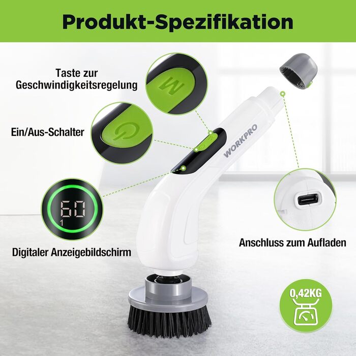 WORKPRO Електрична щітка для прибирання з індикатором потужності, 8 в 1, обертова щітка-скребок, 8 насадок, телескопічна ручка 30-120 см, 3 швидкості, для ванної кімнати та кухні