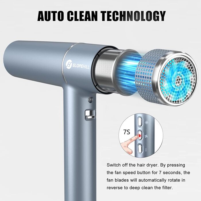 Фен Slopehill з унікальним безщітковим мотором | Інтелектуальна діагностика помилок | Інноваційний мікрофільтр | Oxy Active Technology | LED-дисплей | Суперлегкий 268г, 2000W (Синій)