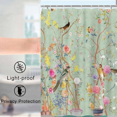 Штора для душу 180x180 см, зелена з квітами та пташками, антигрибкова, водонепроникна, поліестер, з кільцями (12 шт.)