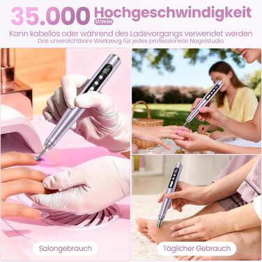 Бездротовий фрезер для нігтів 35.000 об/хв - професійний нейл-дриль для гелю та акрилу, електрична нігтьова пилка з регулюванням швидкості (фіолетовий)