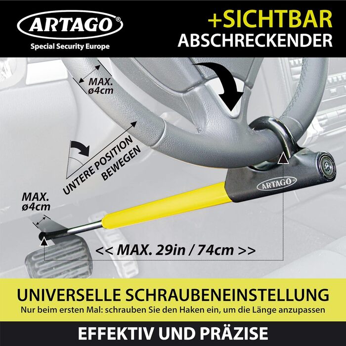 Блокіратор керма ARTAGO 871A/B EASY HOOK, універсальний, протиугінний, для керма та педалі авто, чорний/жовтий