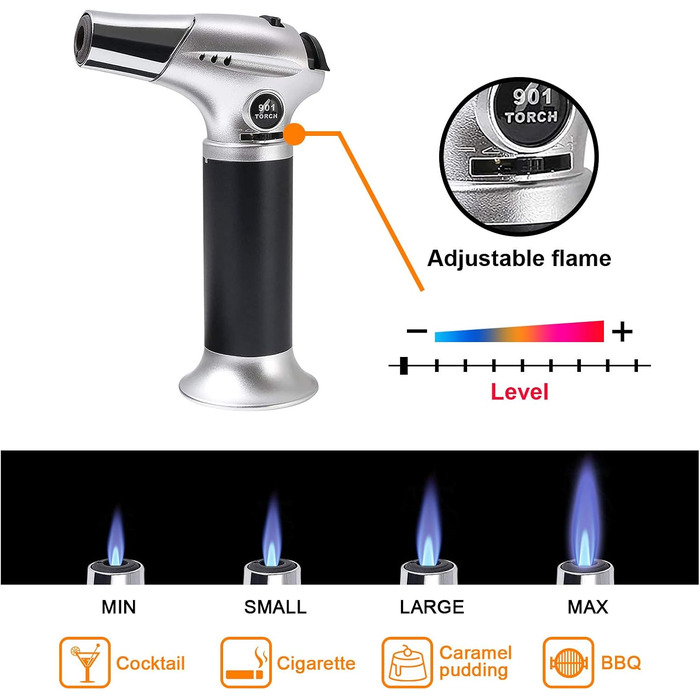 Газовий пальник Flintronic Küchenbrenne для приготування Creme Brulee, кодування, BBQ та кемпінгу. З 3-ма насадками, 2-ма щітками та замком безпеки. (Бутан не входить)