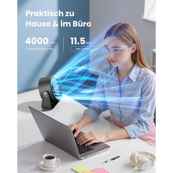 Портативний акумуляторний вентилятор Gaiatop з USB, 5 швидкостей, тиха робота, сенсорне управління, 360° обертання, для дому та офісу, чорний
