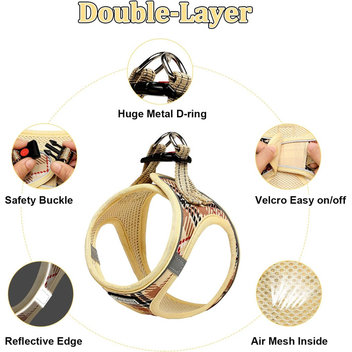 Шлейка для собак Suredoo для маленьких собак з повідком, анти-тягуча, світловідбиваюча, дихаюча, нагрудна шлейка, шлейка для цуценят (M, обхват грудей: 34-39 см) (Бежевий, XXS (обхват грудей: 22-24 см, вага: 1-1.5 кг))