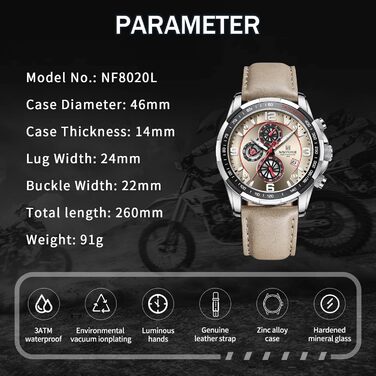 Годинники Naviforce Sport для чоловіків, аналогові, кварцові, хронограф, ремінець з шкіри (сріблястий + сірий)