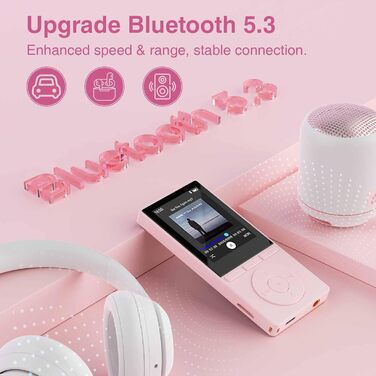 MP3 плеєр 64GB Bluetooth 5.3 з динаміком, HiFi звук, запис голосу, E-book, рожевий. Підтримка TF карти 128GB для спорту