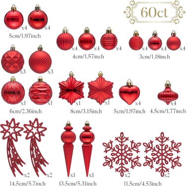 Набір прикрас для ялинки Valery Madelyn (60 шт) - червоні кулі для новорічного декору, міцні, з гачками