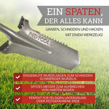 Садова лопата Red Tools Power Head з кореневою пилкою, 115 см, міцне лезо для кам'янистих і твердих ґрунтів, із підпорою для ноги та м'якою ручкою (сіра)