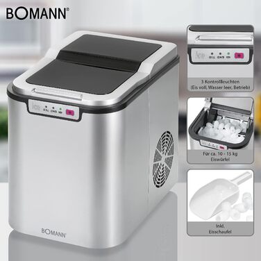 Машина для приготування льоду Bomann® EWB 6068 CB (срібна) - швидке виробництво, до 10 кг на добу, 2 розміри кубиків льоду, 1,1 л резервуар для води, з лопаткою