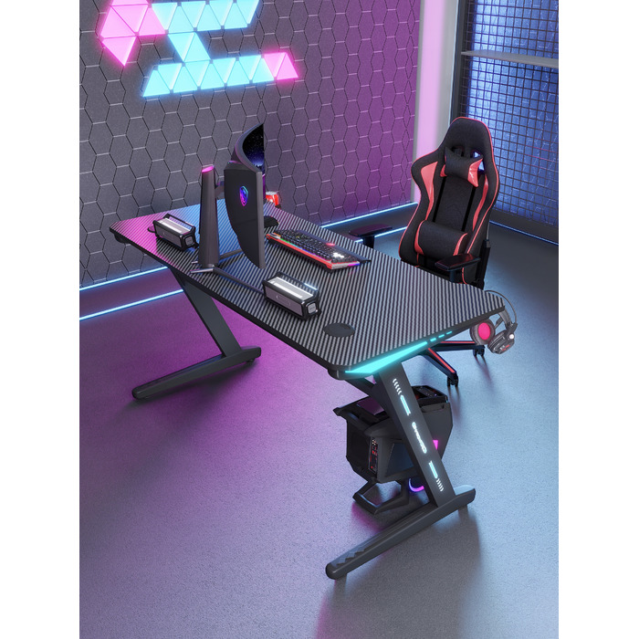 Ігровий комп'ютерний стіл з LED-підсвіткою, сучасний геймерський стіл, 140 см, чорний