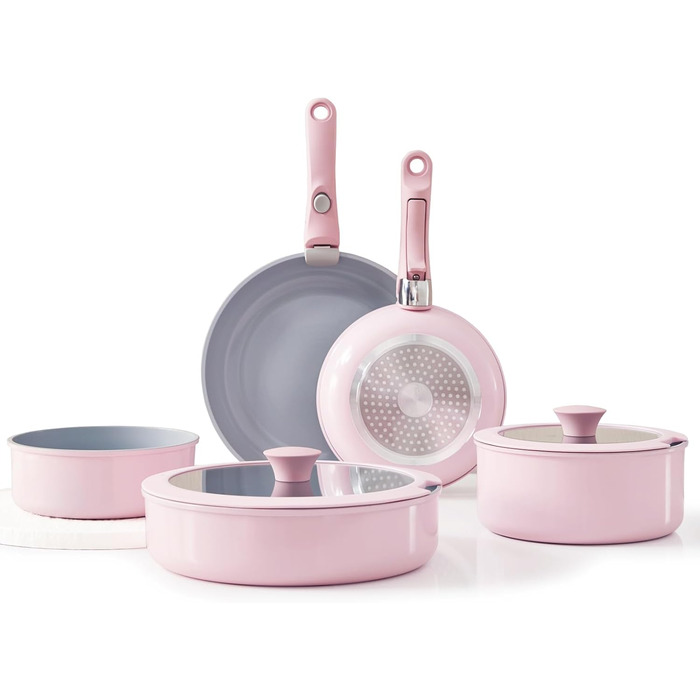 Florosa Ceramic Pots & Pans 5-Piece Set, 20/26cm Non-Toxic Cookware Set, Non-Stick Coated Pan with Lid & Removable Handles, Induction and Oven Safe, PTFE and PFOA Free, Pink