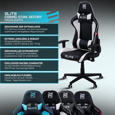 Геймерське крісло ELITE LED Destiny: ергономічне офісне крісло з RGB підсвіткою, штучна шкіра (чорно-біле)
