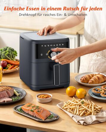 Аерофритюрниця Innsky 6 л, 8-в-1, електрична Heißluftfritteuse XXL, 1500 Вт, LED-сенсор, енергоощадна, тиха (50 дБ), для 3-5 осіб, сіра, квадратна, можна мити в посудомийці