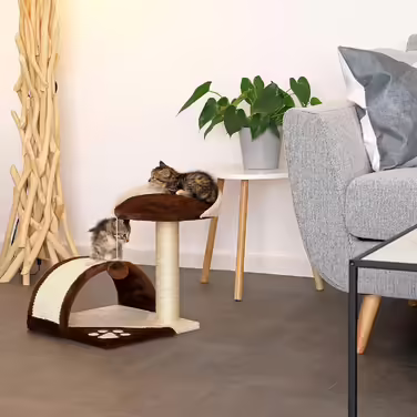 Когтеточка для котів з плюшевою кулькою та аркою, 43 см, м'яка лежанка з плюшу, стійка, із сизалевим канатом для догляду за кігтями, для малих і великих котів, коричнева/бежева