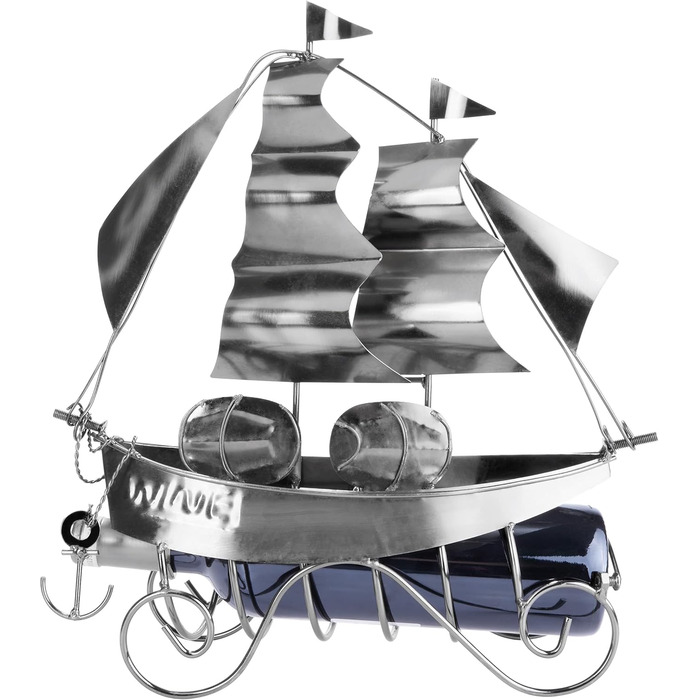 BRUBAKER Wine Bottle Holder Sailing Ship - Bottle Stand Sculpture made of Metal with Gift Card - Silver Wine Gift, Height 39 cm