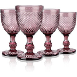 Joeyan 270ml Violet Vintage Wine Glasses with Diamond Relief, Colorful Goblet Glasses Wine Cup Set for Wine Juice Drinks, Set of 4 Retro Drinking Glasses with Stem, Dishwasher Safe