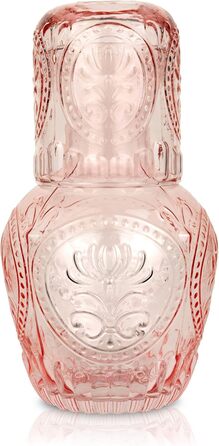 Vintage Glass Carafe with Lid & Matching Drinking Glass – 750 ml Capacity – Elegant Glass Jug for Water, Juice, or Wine – Stylish Home Decor for Kitchen or Dining Room (Pink)