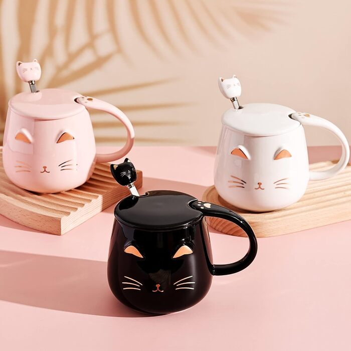Set of 3 Cat Cups - Cute Ceramic Cat Cups with Lid, Spoon, and Coaster. Cat Coffee Mug for Women, Kids, 380ml. Christmas, Birthday Cat Gift Mug (Black, White, Pink)