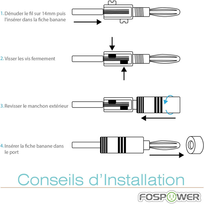 Bananstecker для акустичних кабелів FosPower: 24K позолота, High-End, 2 пари (4 шт.) - червоний та білий
