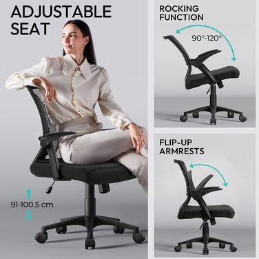 Офісне крісло Yaheetech ергономічне, комп'ютерне крісло з сітчастою спинкою, крісло для офісу з підлокітниками, крісло керівника з сітки, регульоване по висоті, вантажопідйомність 136 кг, дихаюче, функція гойдання (Чорний, відкидні підлокітники)