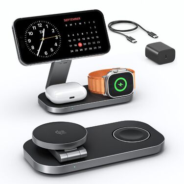 Бездротова зарядка 25W 3-в-1 з MagSafe, складана індуктивна магнітна зарядна станція для iPhone 17/Air/16/15/14/13/12, Apple Watch 10/9/8/7/6/SE/5/4/3 та AirPods Pro (з адаптером 35W), чорна
