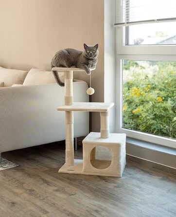 Lionto Scratching Post for Cats with Cave and Plush Ball incl. Bell, Height 85 cm, Cat Tree with Sisal & Plush, Cozy Resting Areas & Cave, Suitable for Small & Large Cats, Beige