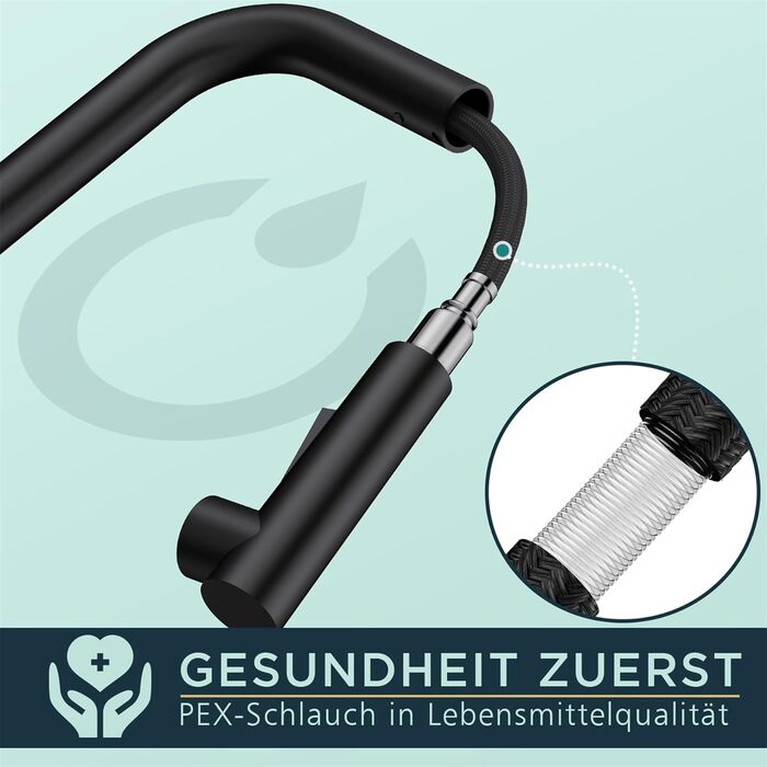 Кран FORIOUS для кухні з висувною лійкою, душовою насадкою, поворотний на 360°, 2 режими розпилення, матовий чорний