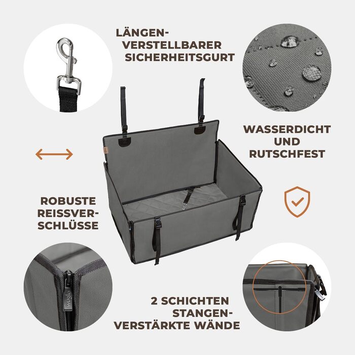 Автокрісло для собак Wuglo Extra Stabiler – безпечне та водонепроникне автокрісло для великих собак до 26 кг (сірий)