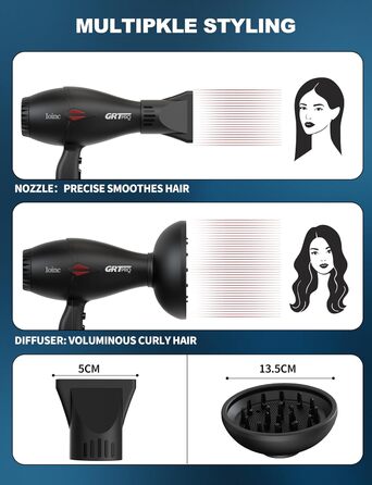 Професійний іонізатор для волосся Profi Föhn 2400W - фен з дифузором, 3 режими, 2 швидкості, охолодження, для дому та салону (матова чорнота)