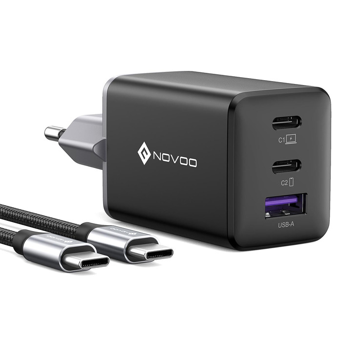 Зарядний пристрій USB-C 67W NOVOO GaN III з 3 портами, швидка зарядка для MacBook, iPad, Pixel, Samsung, iPhone, Steam Deck - Чорний
