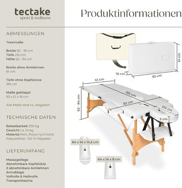 Масажне ліжко Tectake® складне з 2 зонами, портативне з 5 см підкладкою, регульоване по висоті, мобільне, з дерев'яними ніжками та аксесуарами (сумка для перенесення, ролики для масажу, білий)