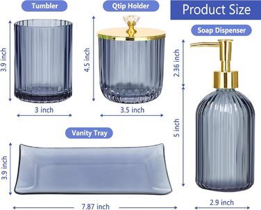 Haturi Bathroom Accessories Set, 4-Piece, Blue Glass - Complete Bathroom Accessories Set including Lotion Soap Dispenser, Toothbrush Holder, Apothecary Jar, Vanity Tray, Bathroom Decor, Gift for