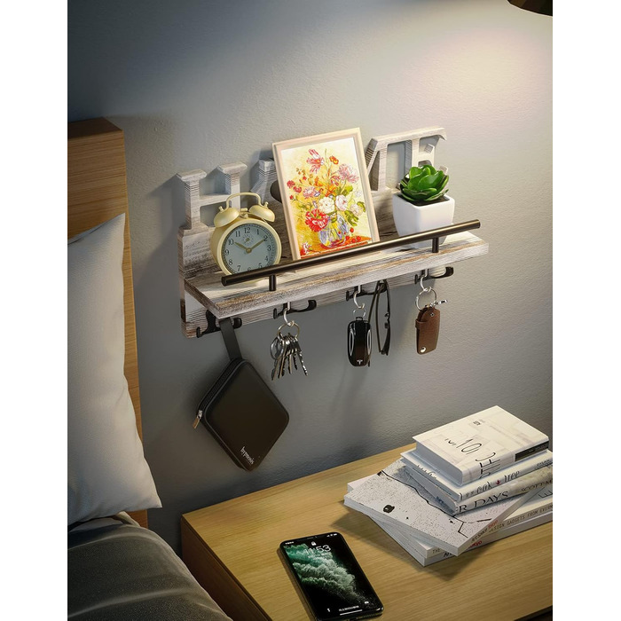 Дерев'яний органайзер для ключів з полицею на стіну - 7 гачків, Rustic дизайн (білий)
