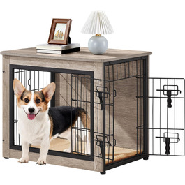 Yaheetech Modern Dog Crate Furniture with Blanket & 2 Doors - Indoor Wooden Dog House for Living Room - Grey, 69x51x61 cm