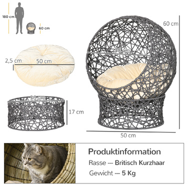 PawHut Корзина для кошек, домик для кошек с подушкой, 50 x 50 x 60 см, из полиэфирного шнура, цилиндрическое основание в фиолетовом и кремово-белом цветах, уютная кошачья лежанка