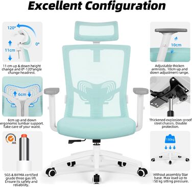 Ергономічне крісло Daccormax для офісу: регульована підголовник, підлокітники, підтримка попереку, поворотний механізм, функція гойдання, сітчасте крісло, турбота про спину, 150 кг (Турквіс)