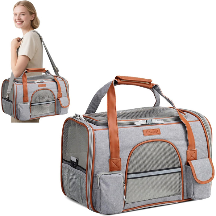 Транспортна переноска для котів та собак PETCUTE, сірого кольору, знімний килимок, дихаюча, з регульованим ременем, схвалена авіакомпаніями